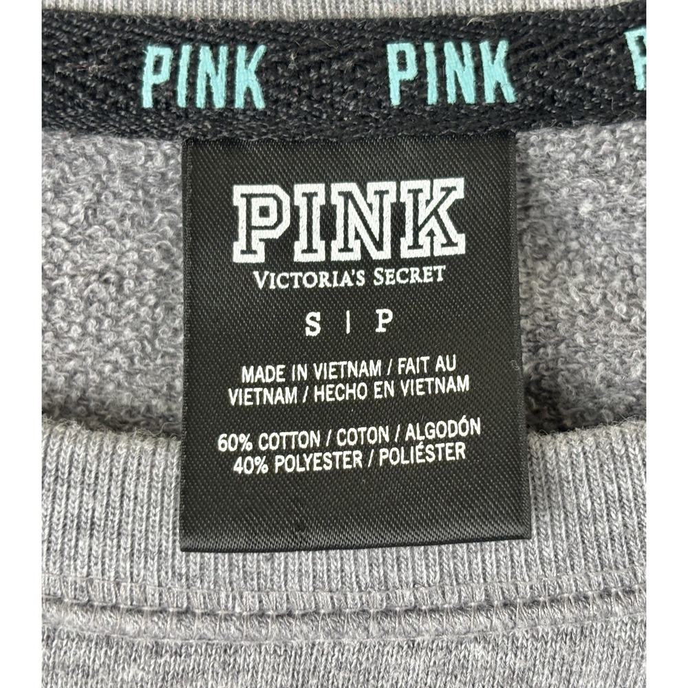 Victorias Secret PINK Gray Raglan Crewneck Sweatshirt Striped Logo Dog Size Smal - Picture 4 of 7